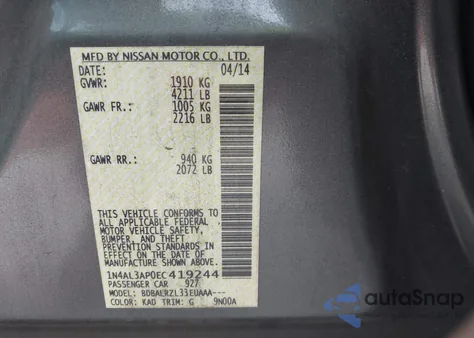 2014 Nissan Altima 2.5 S from USA, damaged, VIN 1N4AL3AP0EC419244